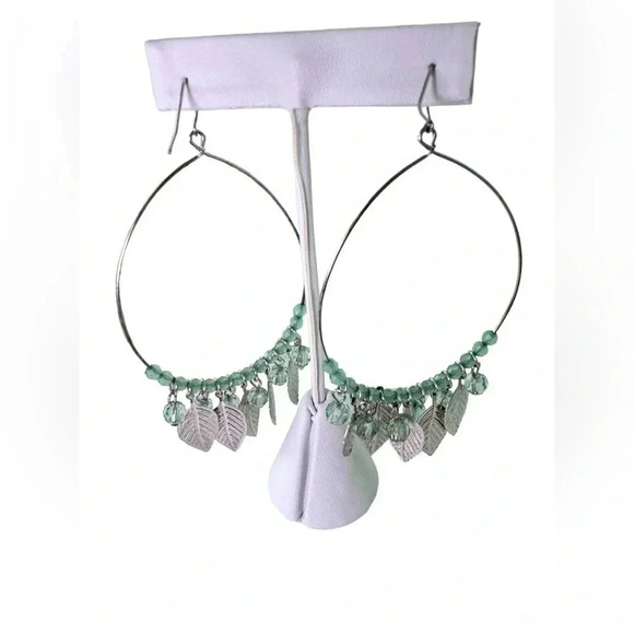 3” Handmade Pastel Green Beads With Silver Leaves Hoop - Light Green Boho Plants - Picture 5 of 5